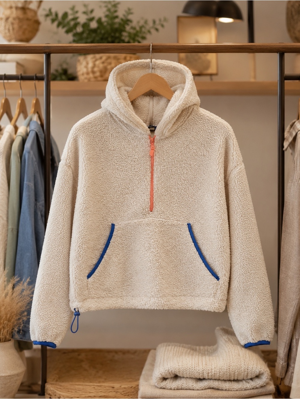wild fable Cream Sherpa Hoodie with Blue Trim and Coral Zipper